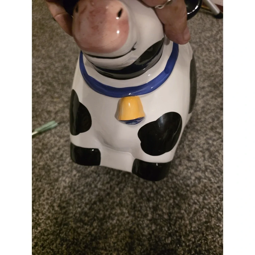 Cow Cookie Jar With Rooster Lid. Small Chip On Lid And Some Red Has Rubbed Off.